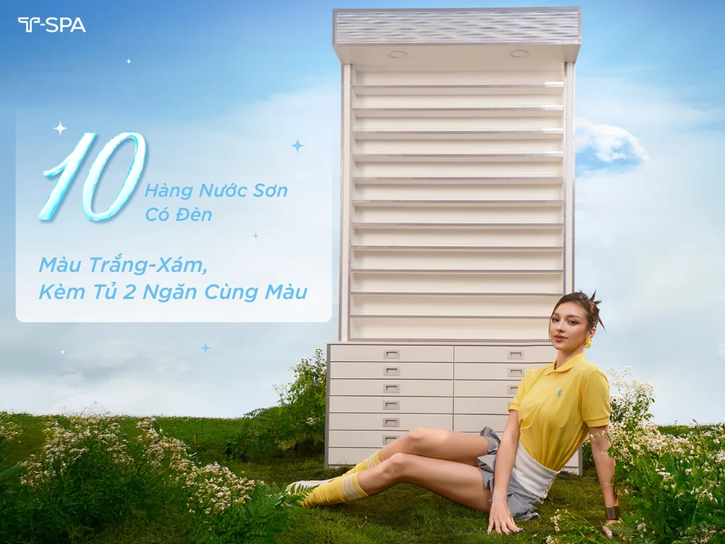 10 hàng nước sơn có đèn, màu trắng-xám, kèm tủ 2 ngăn cùng màu.