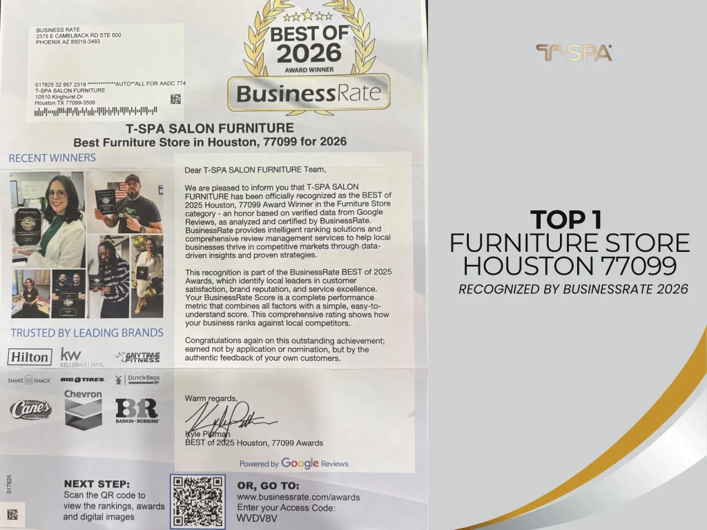 Official recognition letter from BusinessRate naming T-SPA Salon Furniture as the Best Furniture Store in Houston 77099 for 2026.