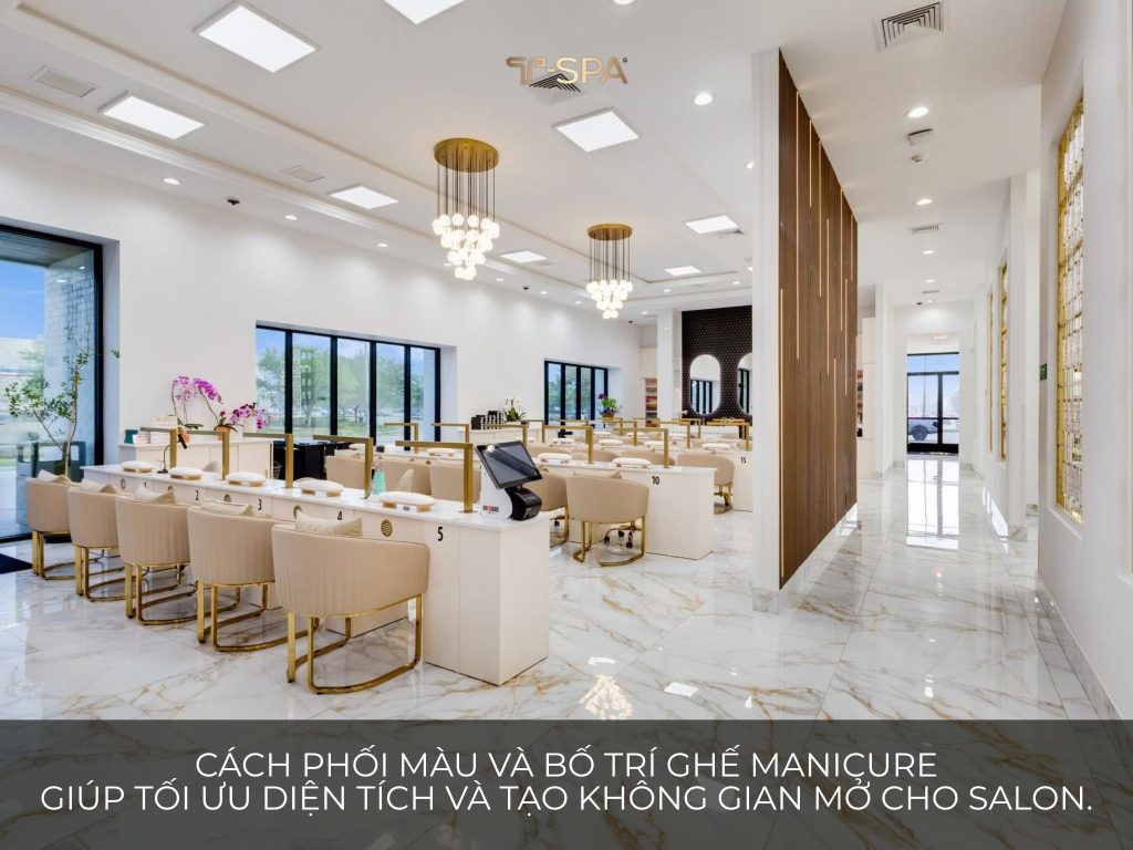 Cách phối màu và bố trí ghế manicure Berwin tông màu trung tính giúp tối ưu diện tích và tạo không gian mở cho Salon.