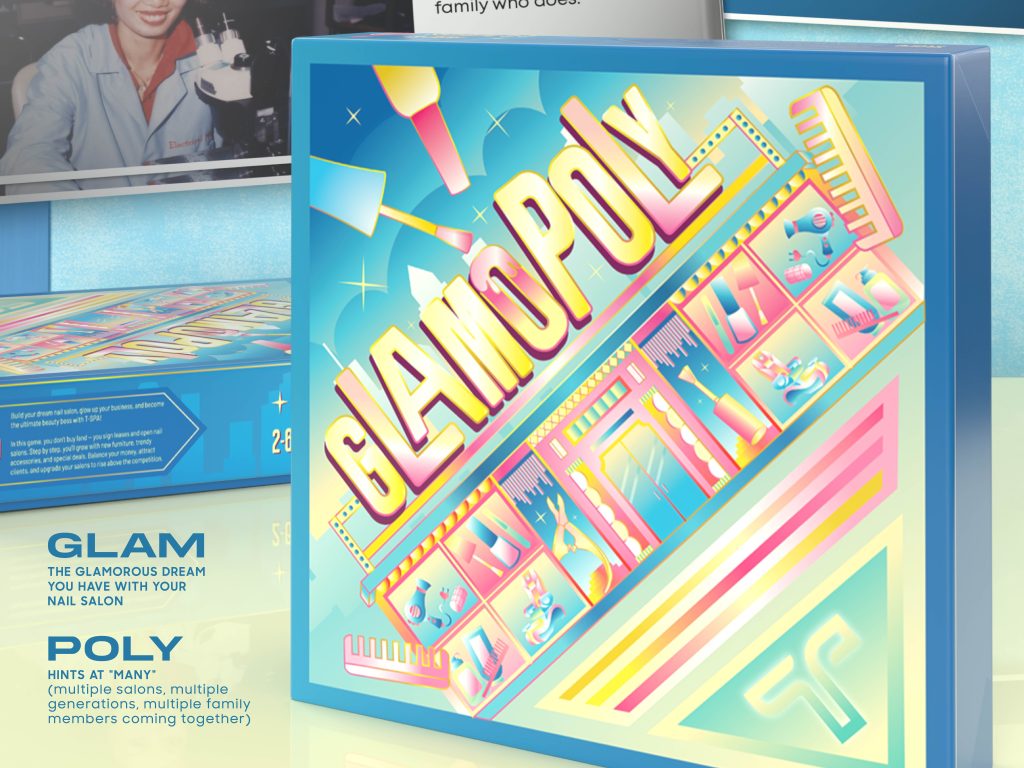 Detailed game pieces of Glamopoly reflecting a real nail salon story and salon owner journey.