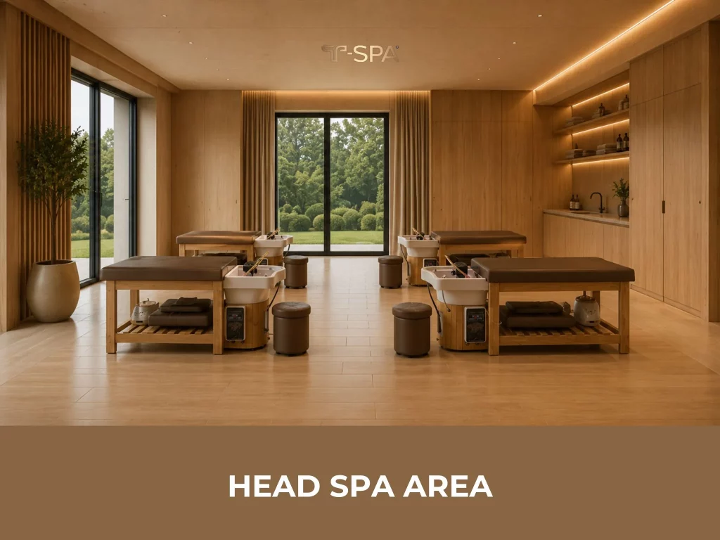 Relaxing T-Spa head spa area designed in Japandi style for a premium wellness experience.