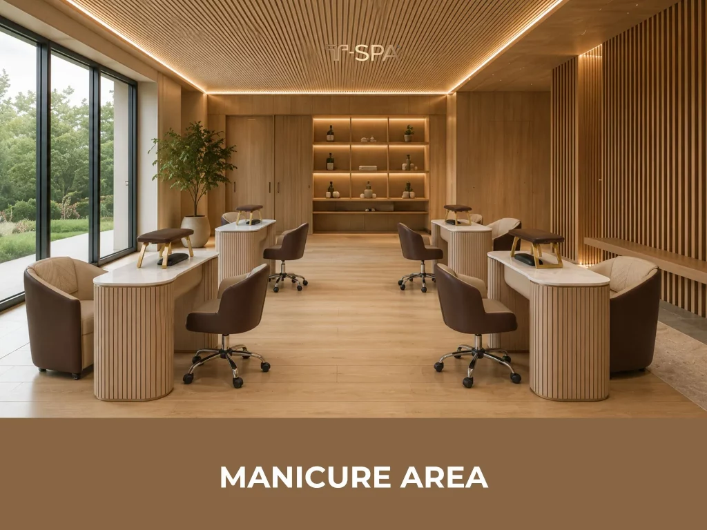 Elegant manicure area with premium nail chairs of T-SPA in a Japandi-style nail salon.