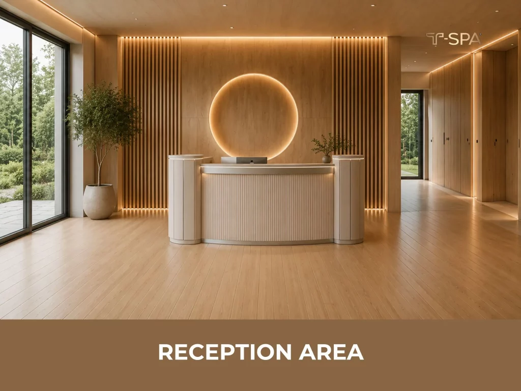 T-Spa reception area in a Japandi-style nail salon featuring warm wood accents and soft ambient lighting.