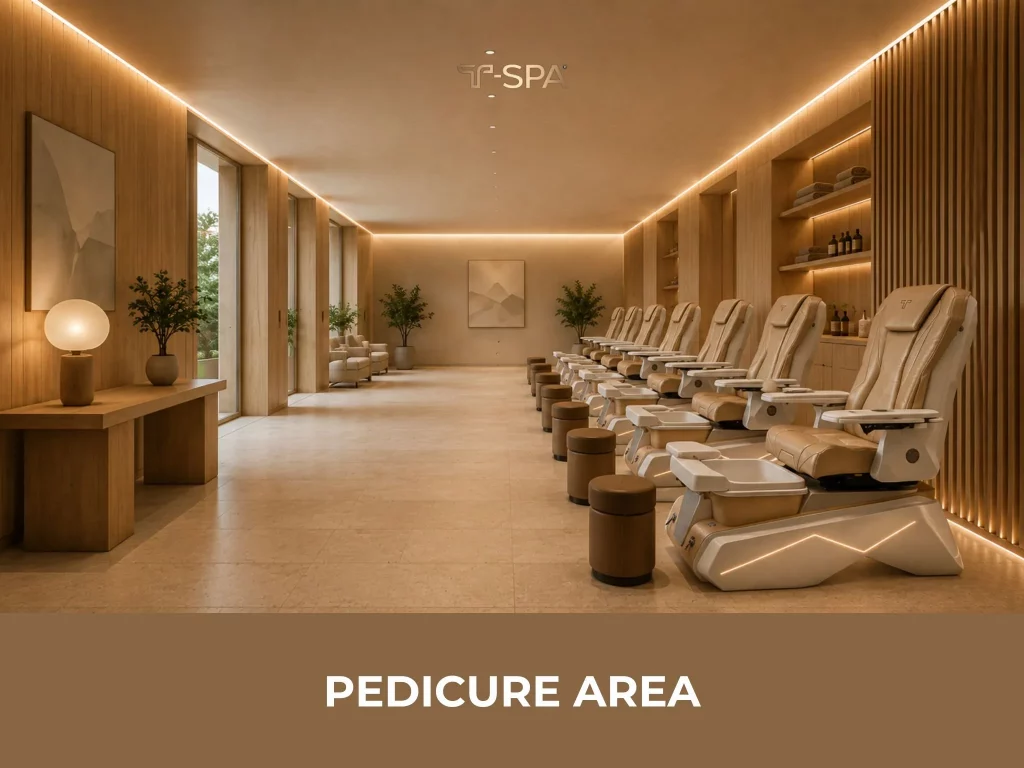 T-Spa's premium pedicure chairs in a Japandi-style nail salon designed for a luxurious spa experience.