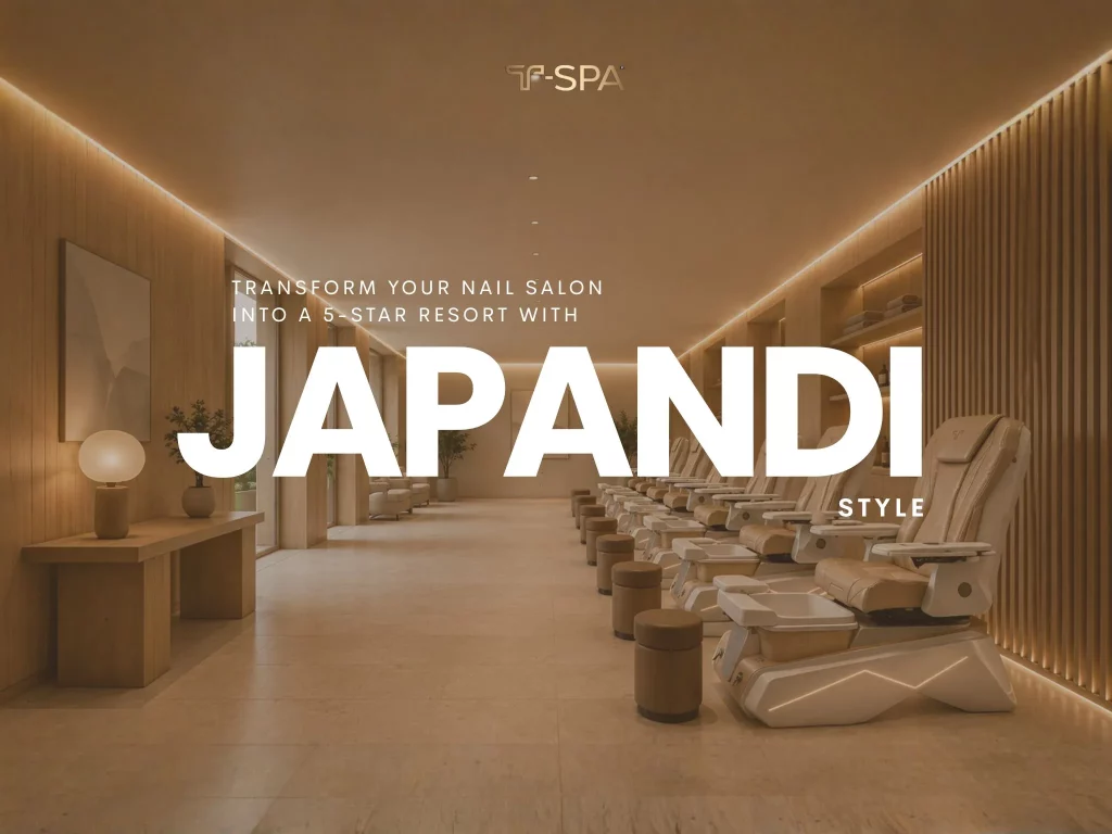 Luxury pedicure chair of T-SPA in a Japandi-style nail salon creating a relaxing 5-star resort experience.