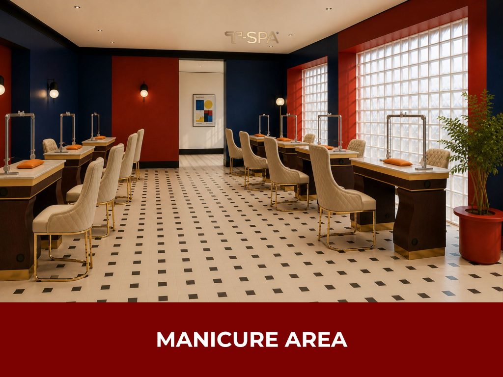 T-Spa manicure area featuring Bauhaus-style nail salon furniture for modern salons.