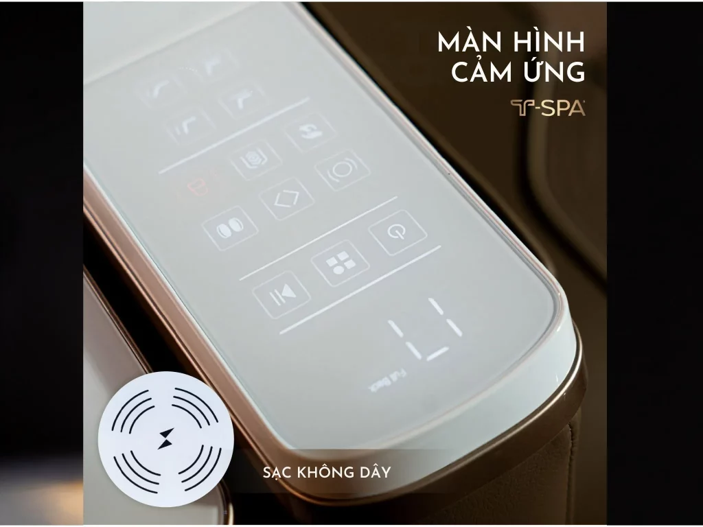 T-Spa Grande Pedicure Chair tích hợp sạc không dây và màn hình điều khiển cảm ứng.