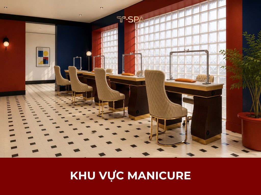 Nội thất tiệm nail T-Spa phong cách Bauhaus tại khu vực manicure chuyên nghiệp.