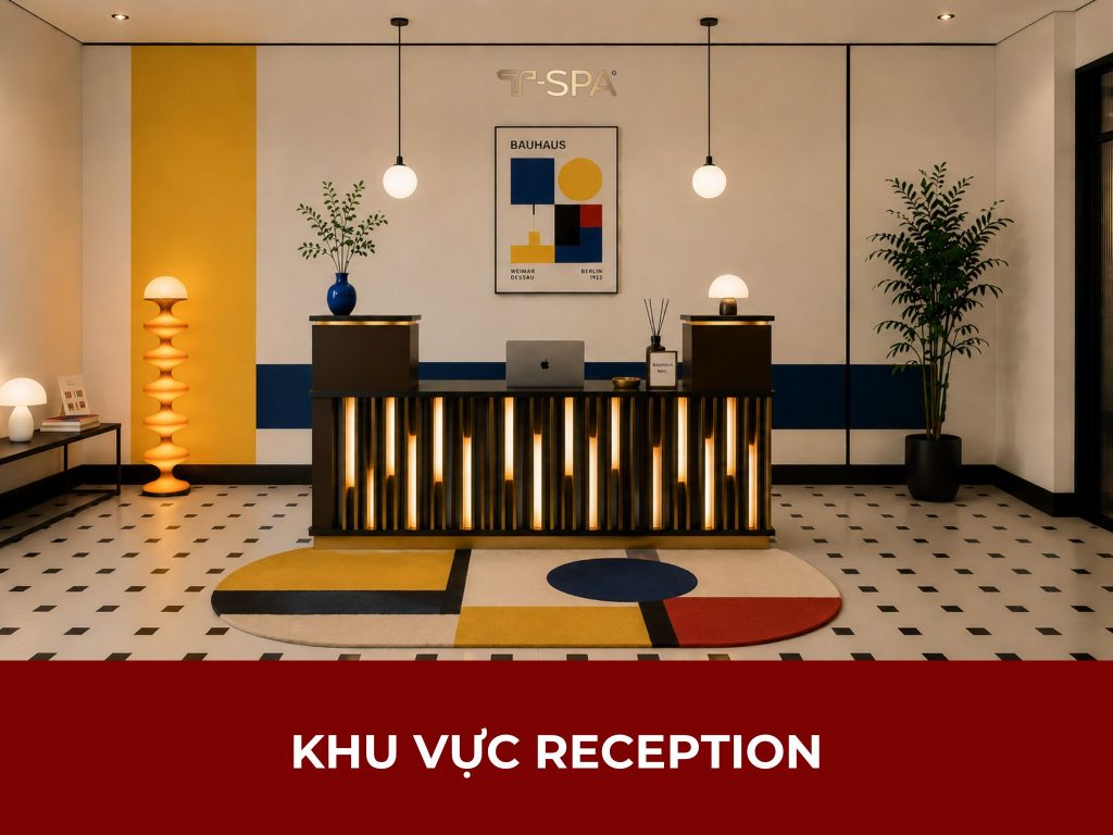 Thiết kế tiệm nail phong cách Bauhaus với quầy reception T-Spa hiện đại và tinh tế.