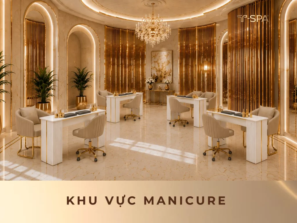 Khu vực bàn manicure thanh lịch với bàn ghế T-SPA viền kim loại vàng.