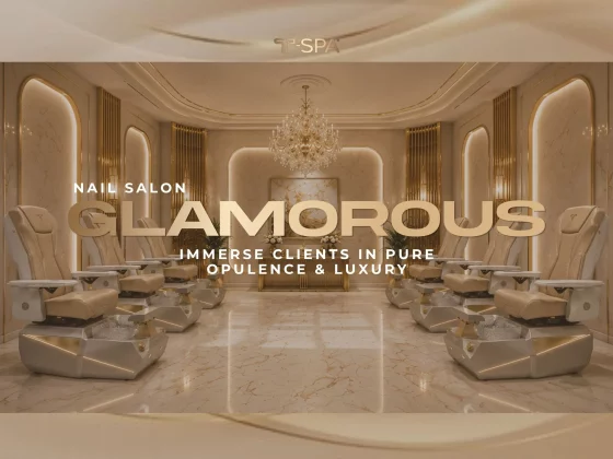 Lavish Glamorous nail salon interior design featuring gold metallic accents and a crystal chandelier by T-SPA.