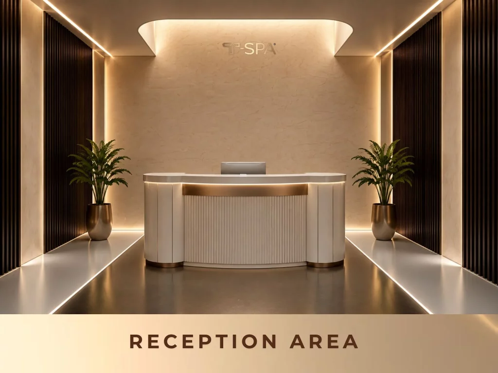T-SPA Laucetta reception desk featuring white fluted panels and gold metal trim in a Modern Luxury nail salon lobby.