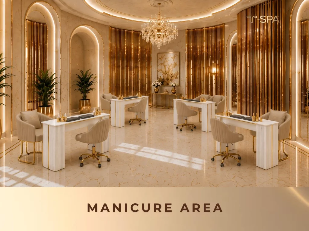 Elegant manicure station equipped with T-SPA Le Cinq table and Berwin client and technician chairs.
