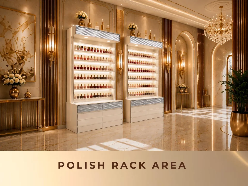T-SPA Lux Polish Rack with integrated LED lighting and gold metallic frame.