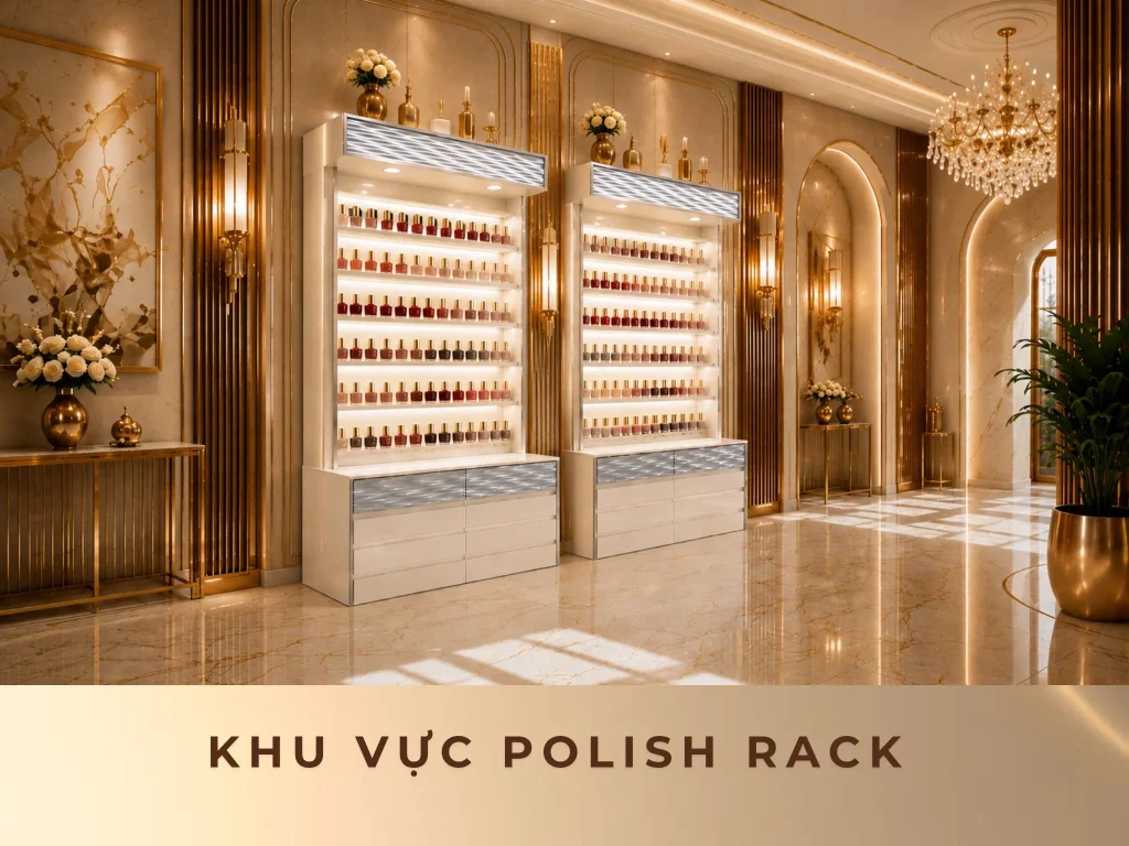 Kệ trưng bày sơn móng tay phong cách Glamorous viền mạ vàng hiện đại từ T-SPA.