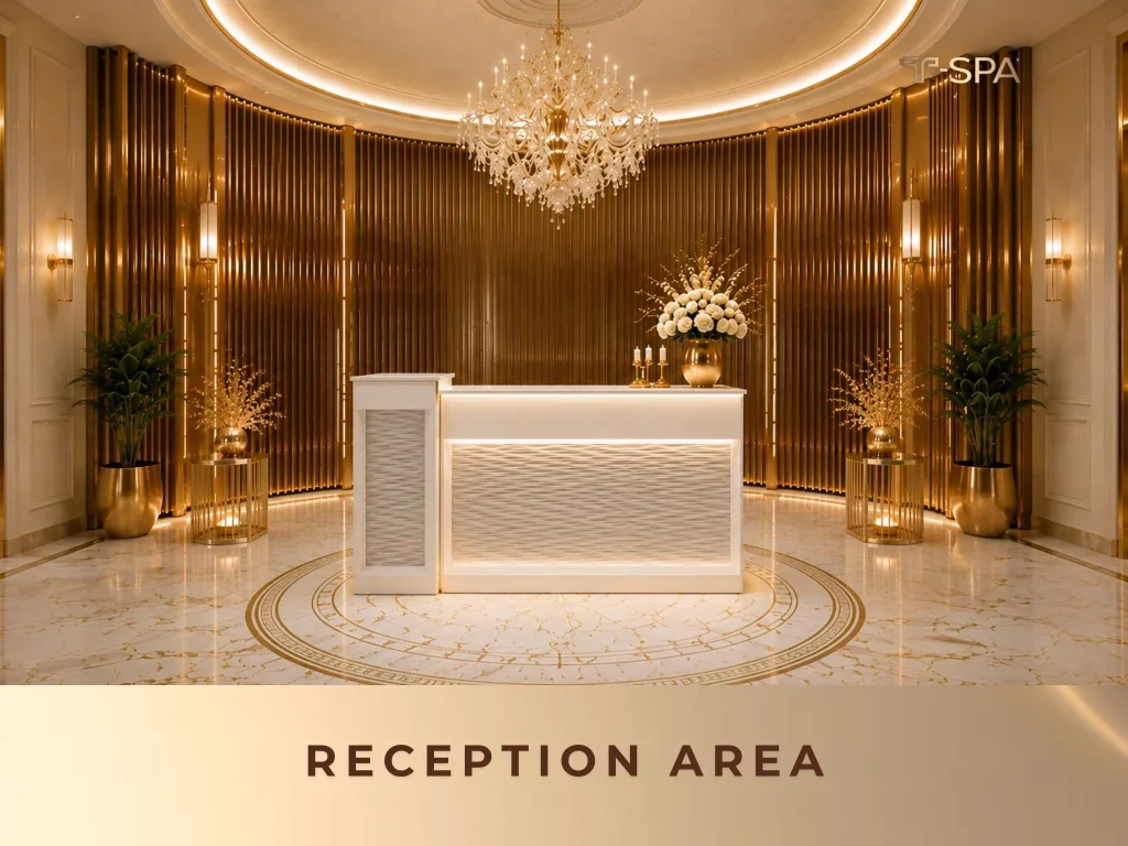 T-SPA Lux Reception desk with white wave pattern and luxury gold trim in a Glamorous nail salon.