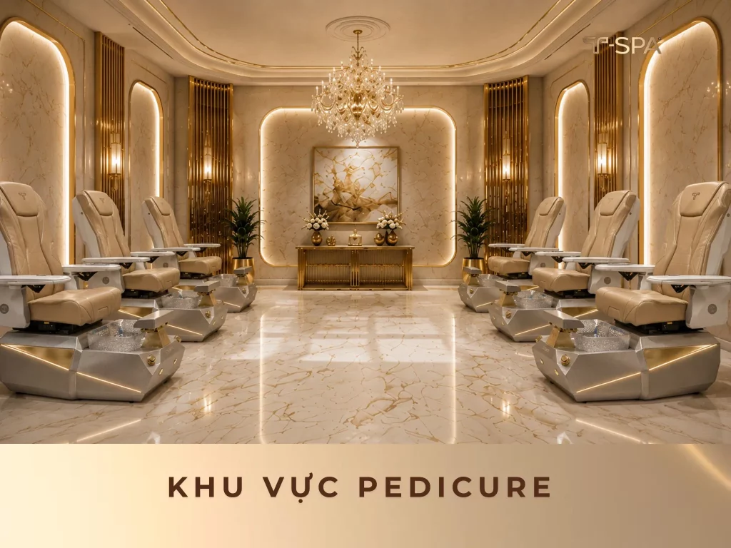 Khu vực Pedicure phong cách Glamorous sang trọng với hệ thống ghế pedicure cao cấp T-SPA