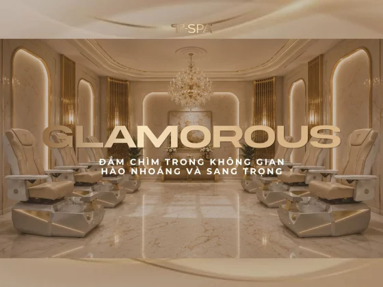Không gian tiệm nail thiết kế theo phong cách Glamorous sang trọng với tông màu vàng kim và nội thất T-SPA cao cấp.