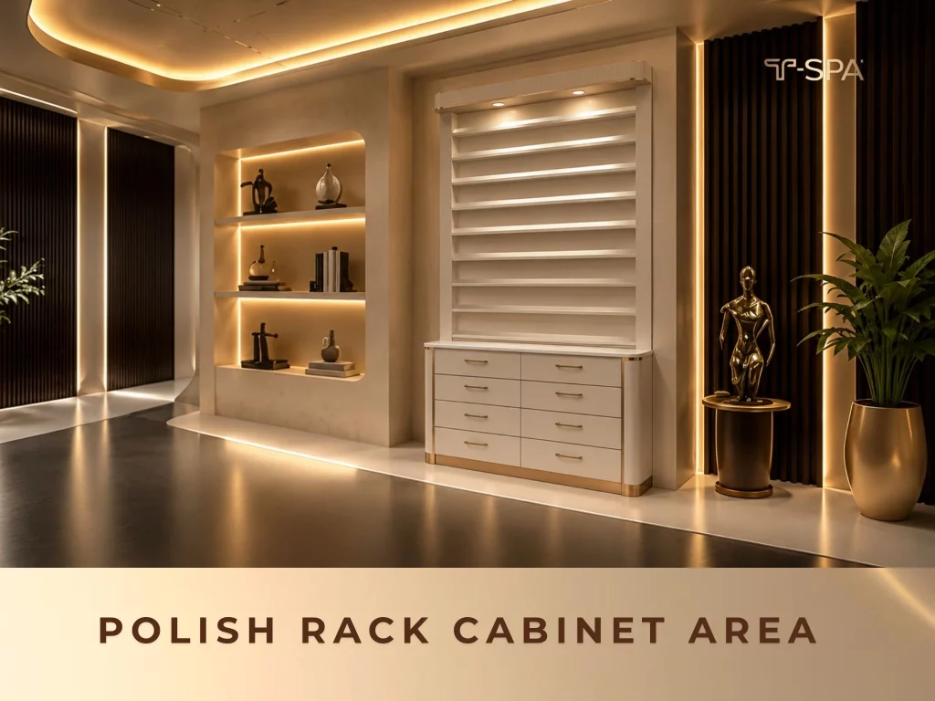 Modern Luxury T-SPA polish rack cabinet with white drawers, gold trimming, and hidden LED shelf lighting.