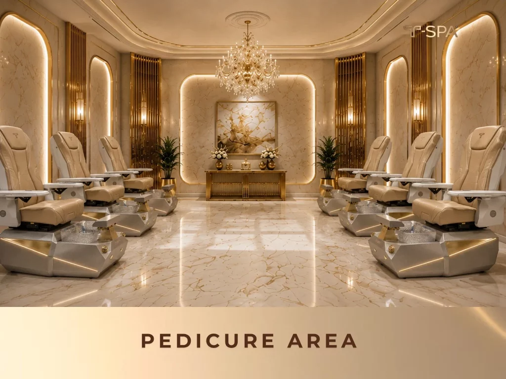Luxury T-SPA Vekron pedicure chairs arranged along decorative gold louver arches in a spa zone.