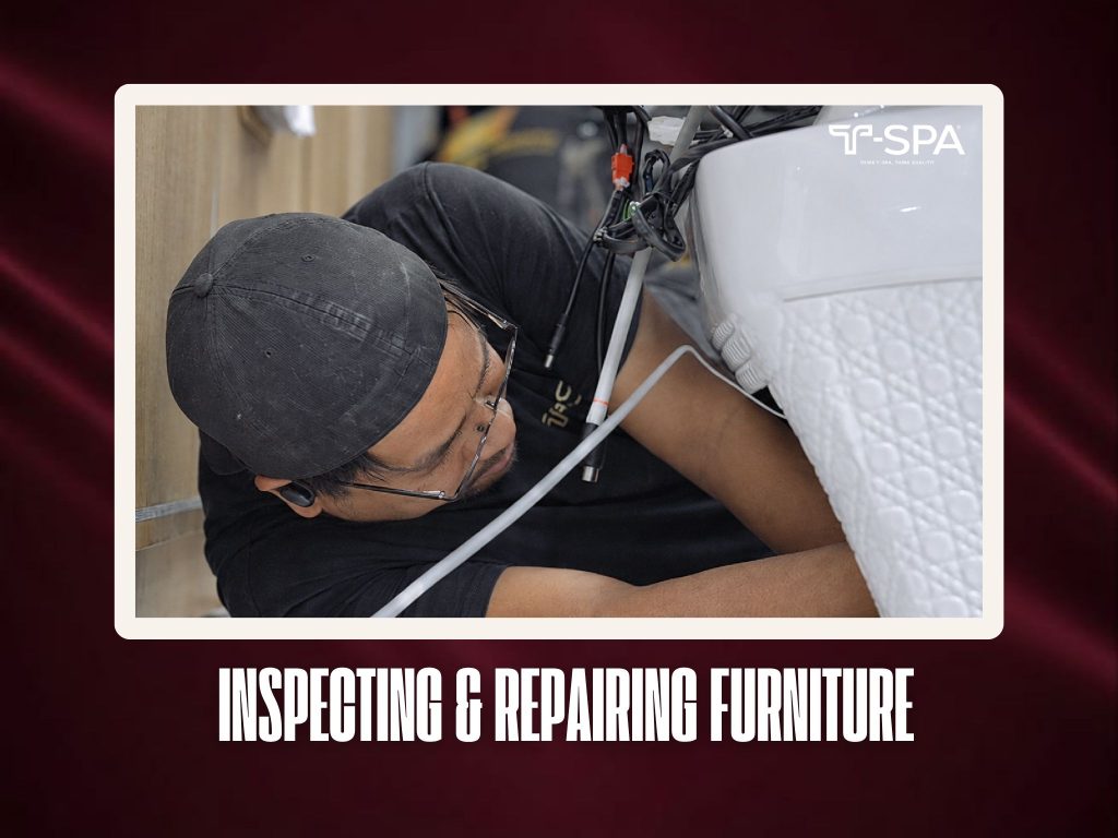 T-spa Technician inspecting internal parts and upholstery on salon furniture for maintenance.