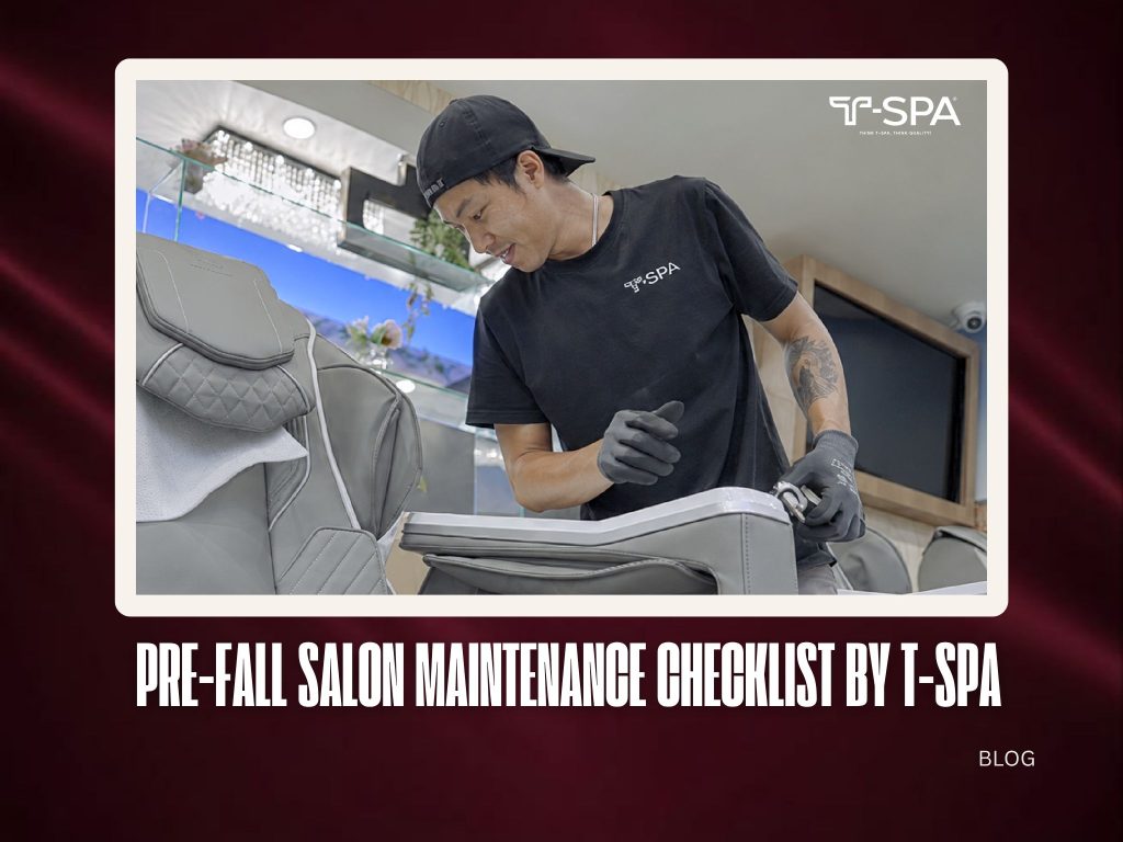 T-SPA technician inspecting and servicing a pedicure spa chair before the busy fall season.