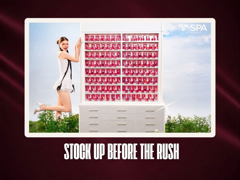 T-SPA polish rack cabinet fully stocked with warm autumn nail colors ready for clients