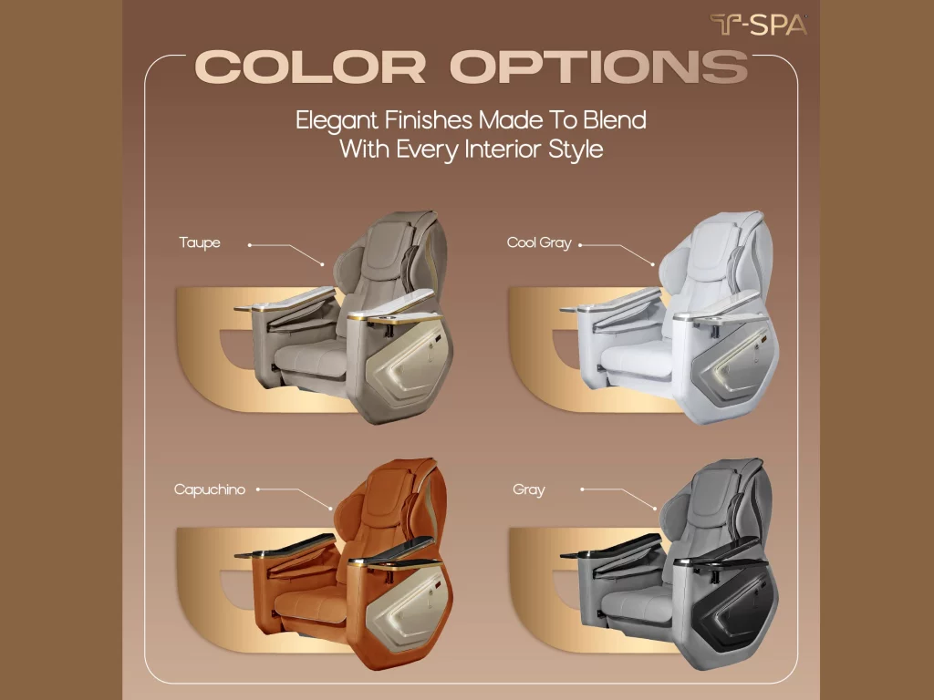 Bộ sưu tập 4 tông màu sang trọng Taupe, Cool Gray, Capuchino và Gray trên dòng ghế pedicure T-SPA GRANDE.